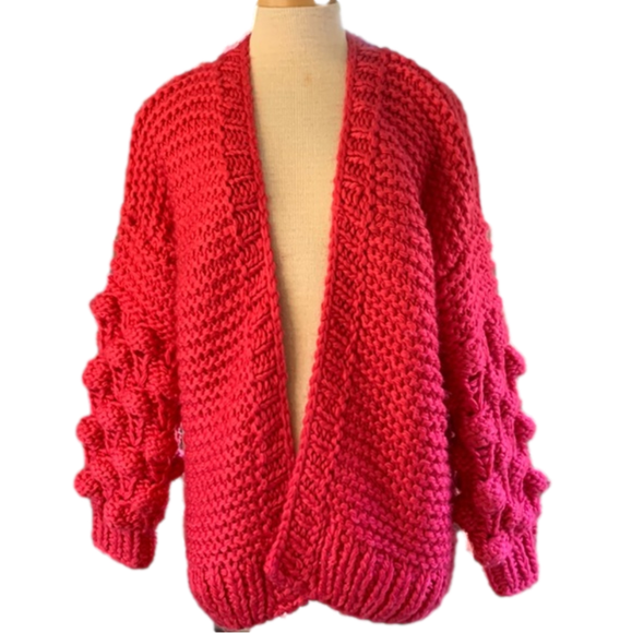 MACARON Sweaters - Macaron sz M hot pink chunky crochet open front cardigan